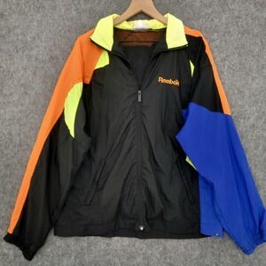 Vintage Reebok Jacket Mens M Black Windbreaker Hooded Nylon 90s Retro